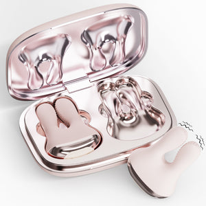 Rabbit Pods vibrating nipple clamps in pink with open charging case