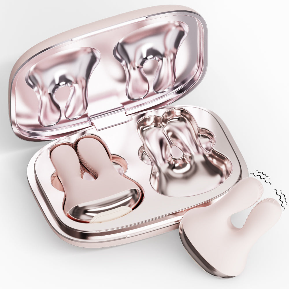 Rabbit Pods vibrating nipple clamps in pink with open charging case