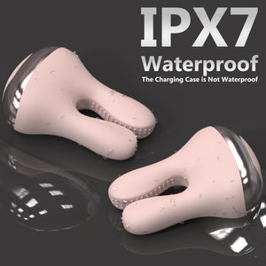 Rabbit Pods pink pods are IPX7 waterproof; charging case is not waterproof
