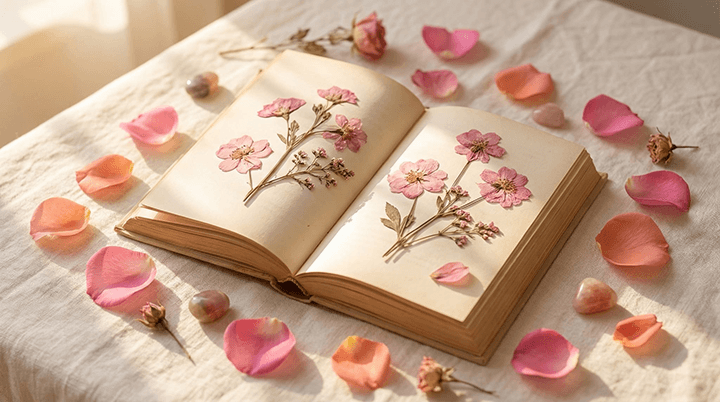 Open book with pressed pink flowers and rose petals on cream linen, representing women's wellness education and body positivity journey.