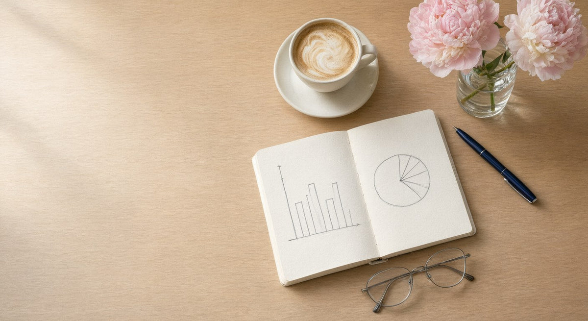 Open notebook with hand-drawn bar and pie charts beside a latte, glasses and pink peonies