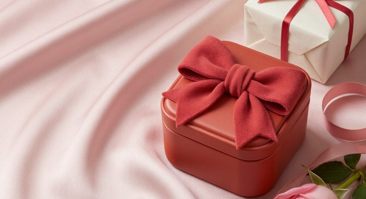 Sex toy gift guide for her — gift-boxed Kiss Box vibrator beside a wrapped present and a pink rose on silk