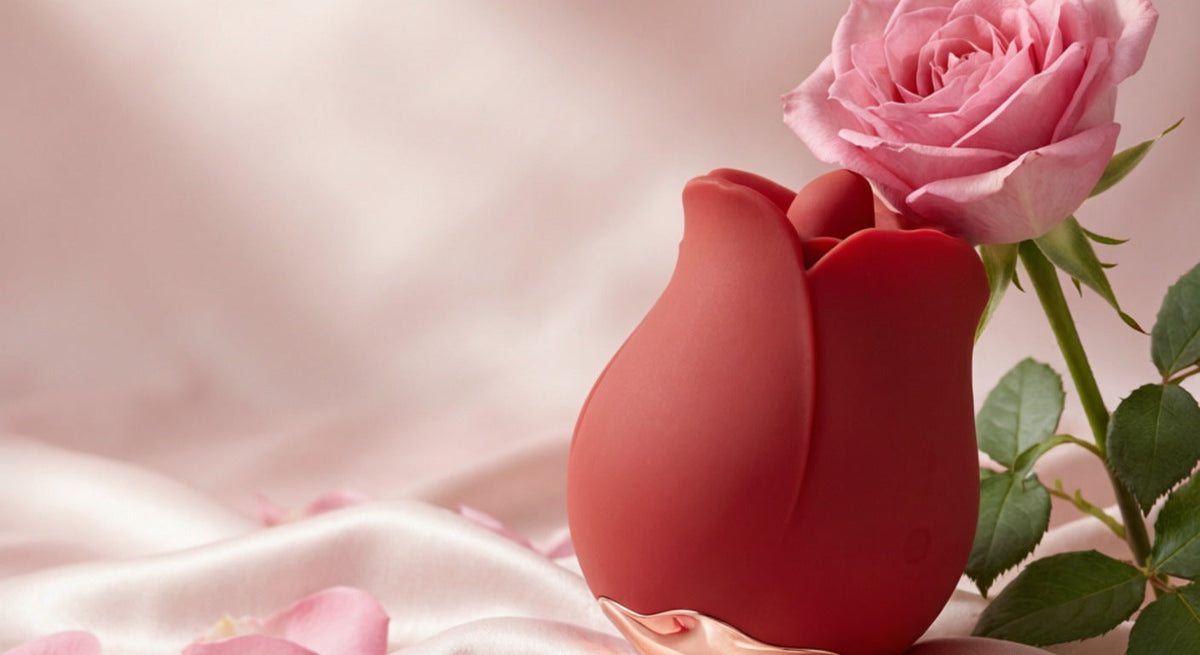 What is a rose toy — rose-shaped clitoral stimulator next to a fresh pink rose on silk