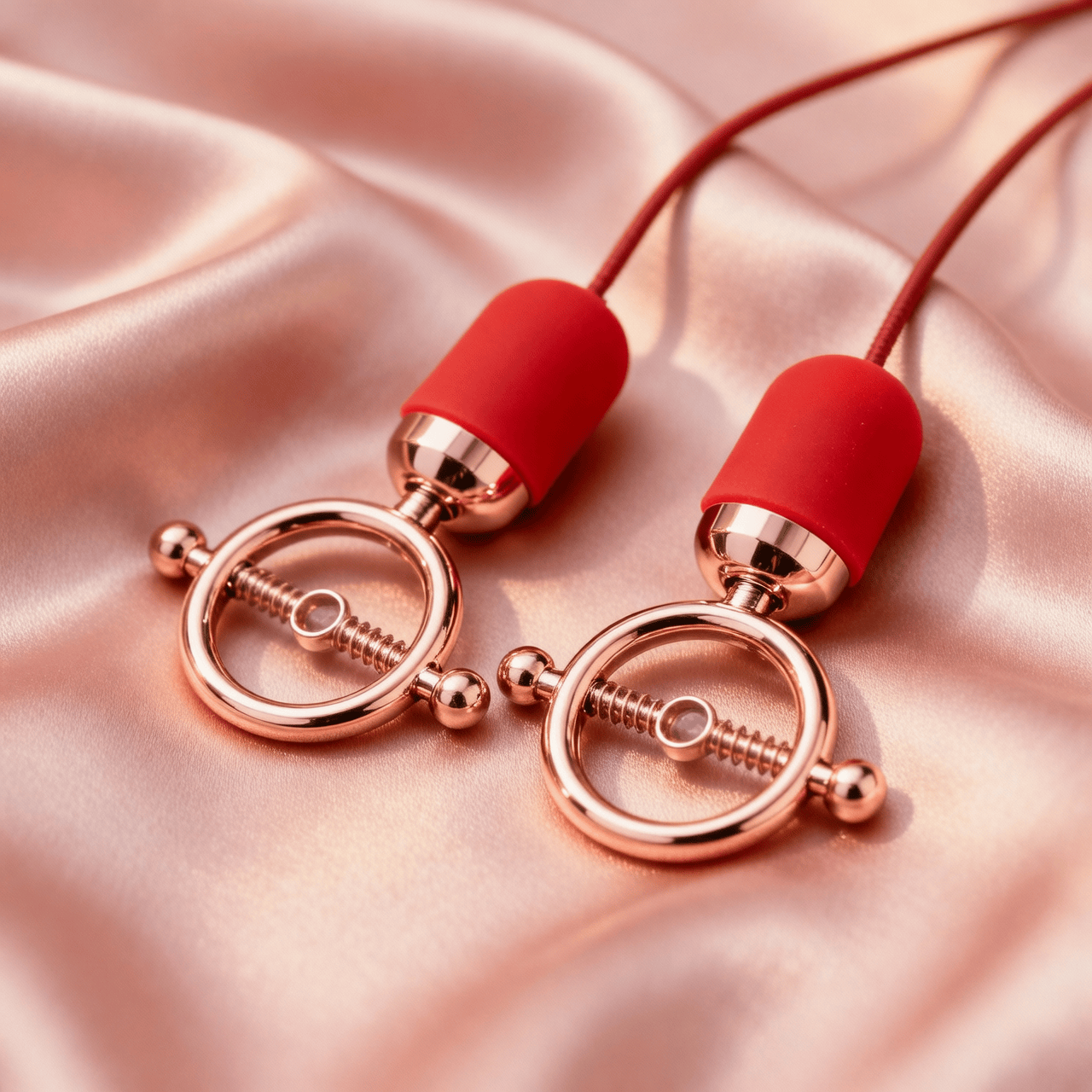 Vibrating Nipple Clamps - Rose Gold on Pink Satin Lifestyle