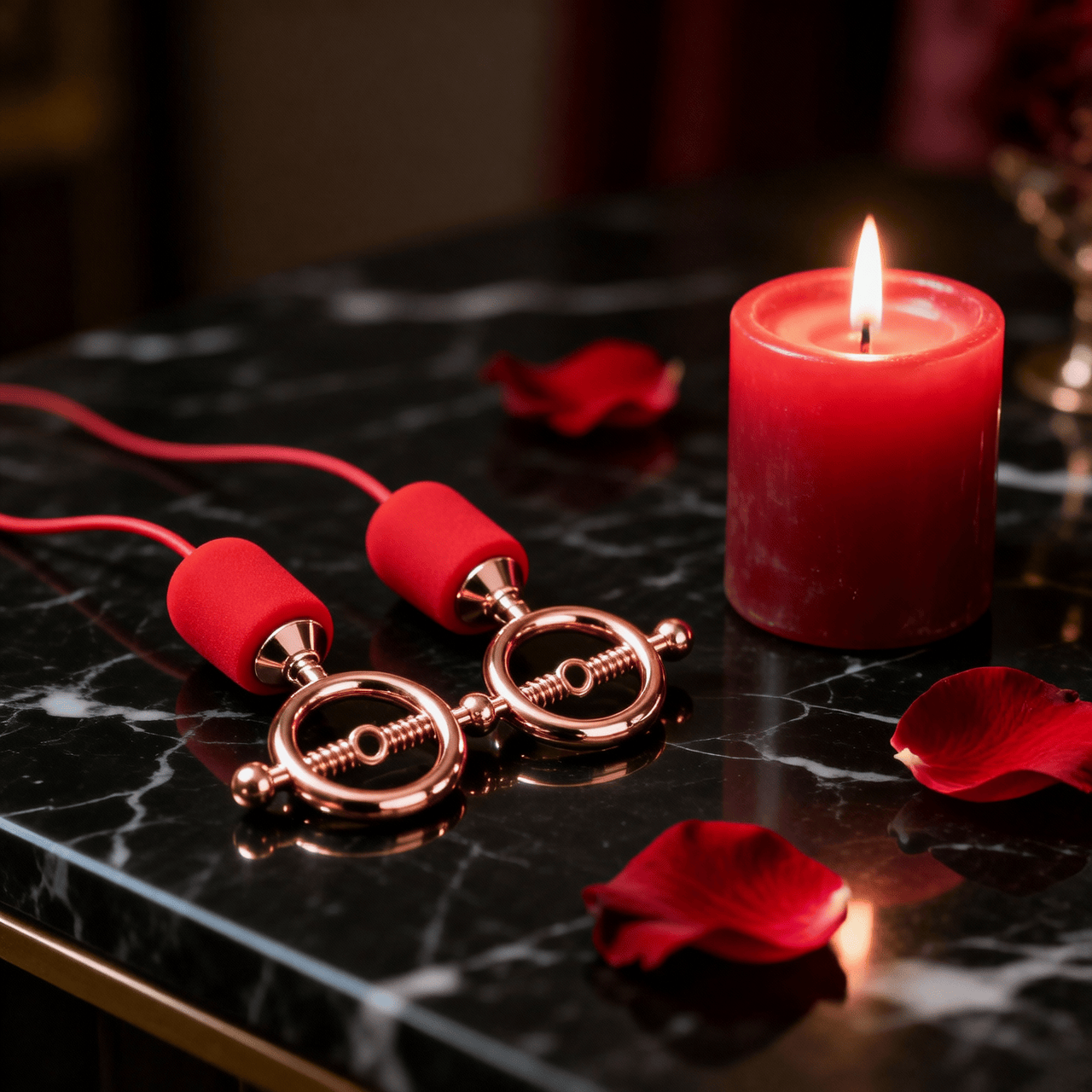 Vibrating Nipple Clamps - Romantic Candle and Rose Petals Scene