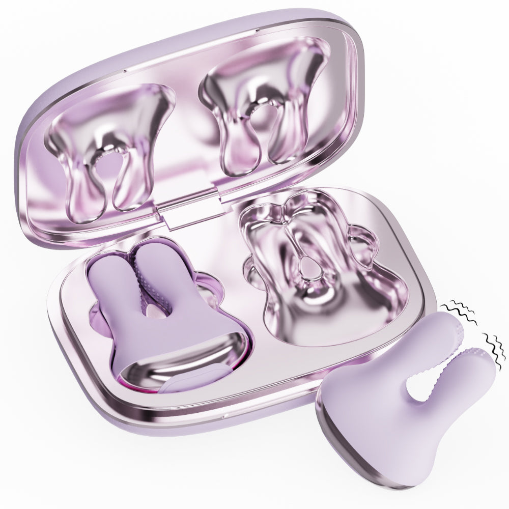 Rabbit Pods vibrating nipple clamps in purple with open charging case