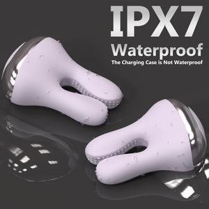 Rabbit Pods purple pods are IPX7 waterproof; charging case is not waterproof