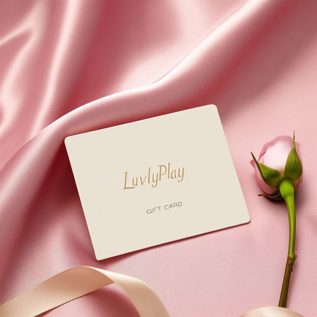 LuvlyPlay digital gift card on pink silk with a rose bud