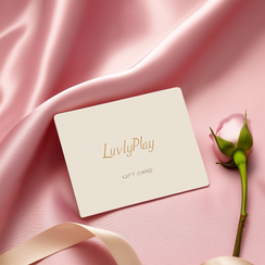 LuvlyPlay digital gift card on pink silk with a rose bud