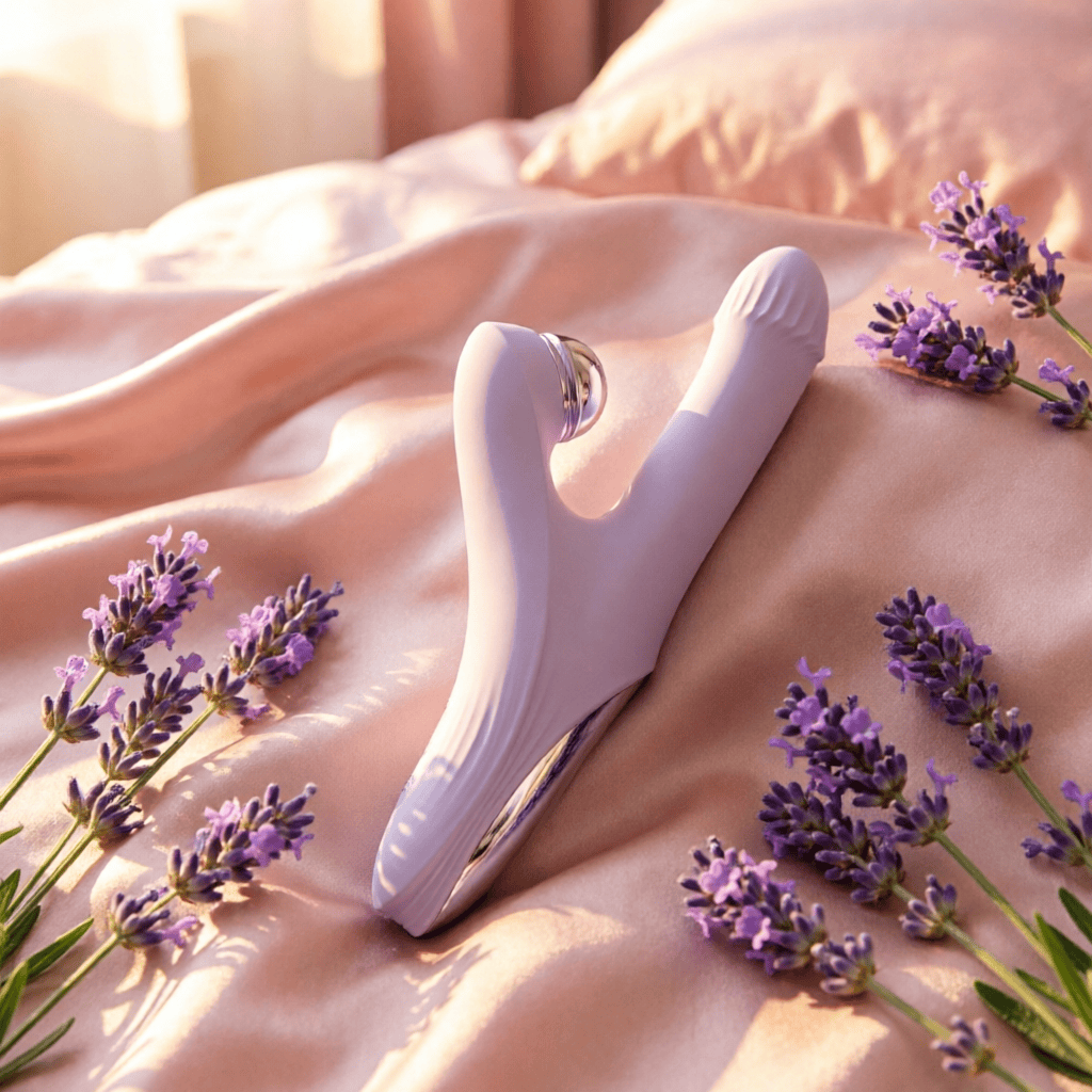 Linglong vibrator on pink silk with lavender - bedroom lifestyle