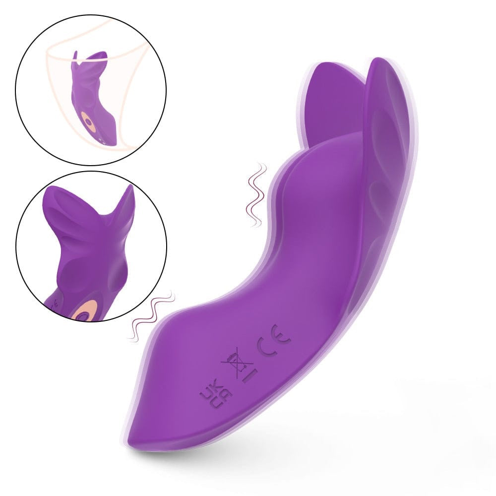 Lily Butterfly wearable panty vibrator in purple – worn in underwear, with a close-up of the butterfly tip